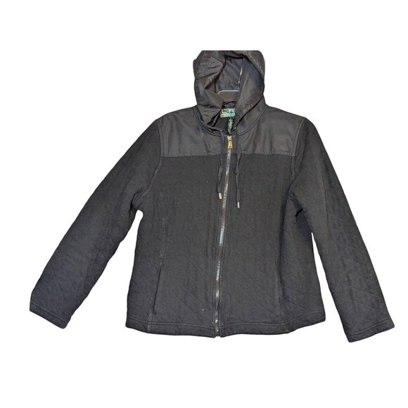 Ralph Lauren L-RL Womens Quilted Black Hooded Jacket W/ Zip Front & Polyester Ac - Picture 1 of 7